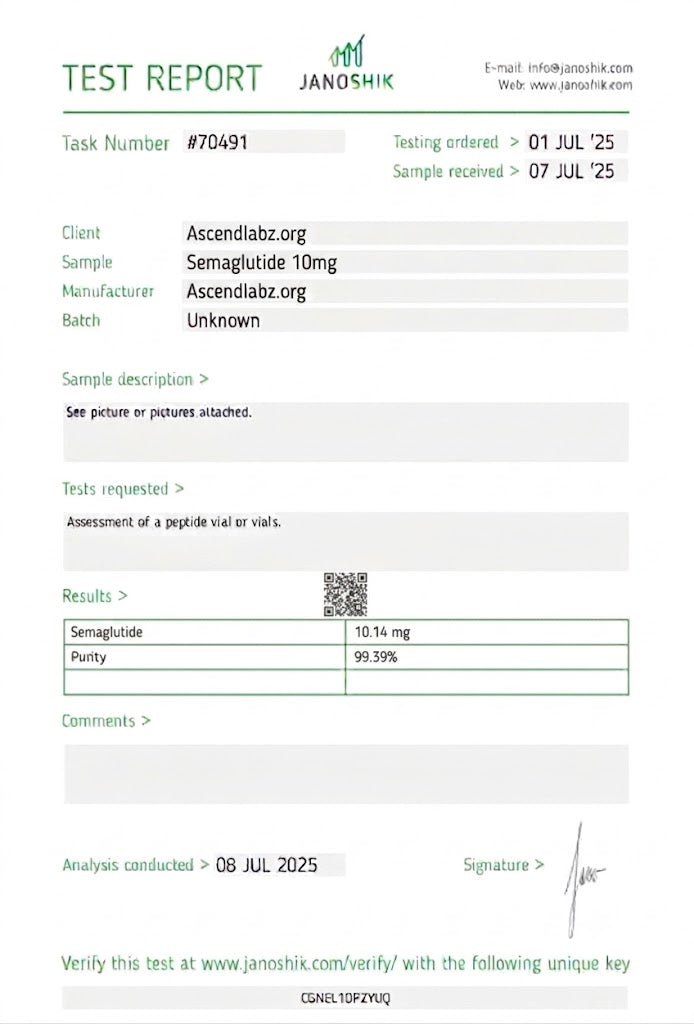 A digital test report form from Janoshik for a Semaglutide 10mg sample, showing task details, client information, and test results including purity and analysis date.