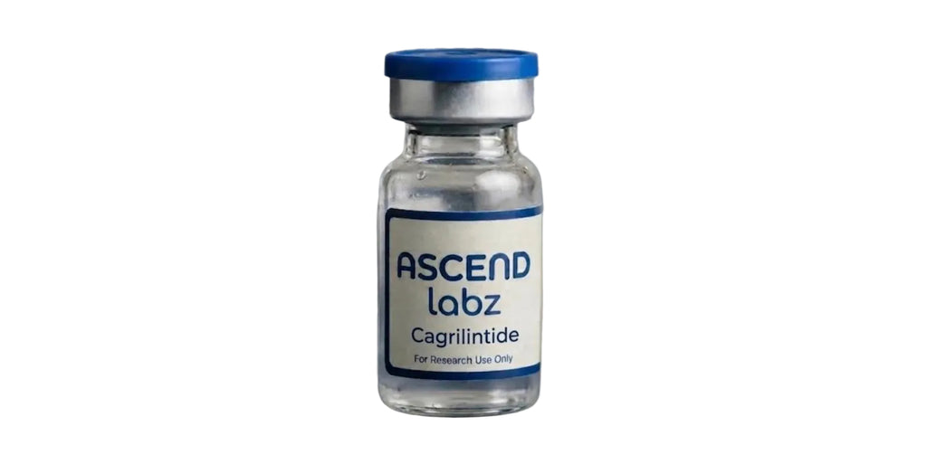 A small clear glass vial with a blue cap and a white label reading 'ASCEND labz Cagrilintide' on a plain white background.
