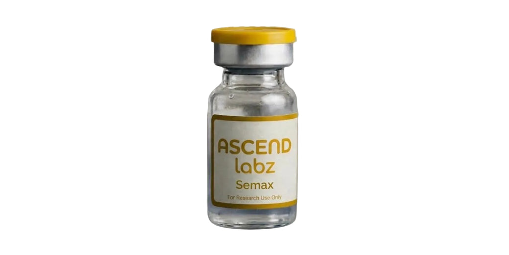 A small clear glass vial with a yellow cap and a cream label reading 'ASCEND labz Semax' on a plain white background.